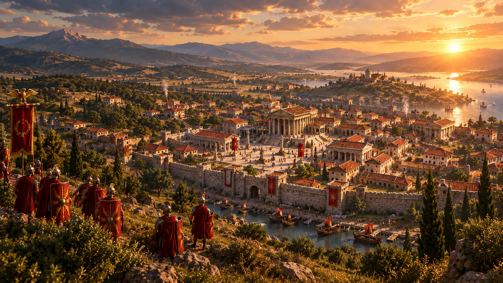 Legio Impera: legionarios romanos frente a una ciudad al atardecer